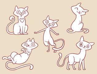 Fototapeta premium Vector set of cartoon images of cute different cats with different actions and emotions on a beige background. Made in monochrome style. Pet. Vector illustration. Positive character. Set of cats.