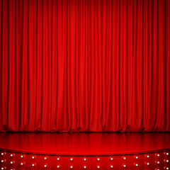 Red glossy stage with lighting and red curtain. 3D rendering