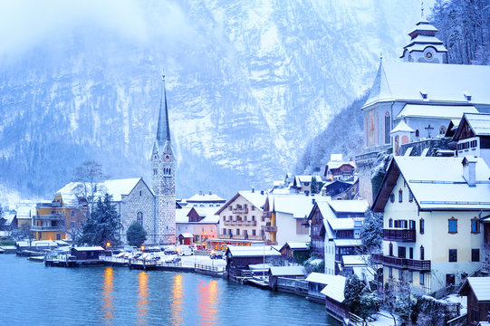 Hallstatt Wooden Village On Lake In Snow White, Austria