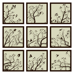 Abstract square icons framed tree branches and flock of birds.