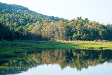 Beautiful lake with green mountain nature at Chiang Mai Thailand 