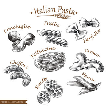Hand drawn italian pasta set isolated on white background. Collection of different types of noodle sketch vector illustration. Retro style