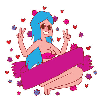 Vector emblem with bright pink banner, colorful flowers and with cartoon image of a beautiful girl with long blue hair in a bright pink bikini sitting and smiling on white background. Beauty, fashion.