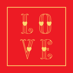 Love greeting card with gold love inscription and gold frame with gold hearts on a red background. Luxury Elegant Happy Valentine Day festive layout template design.