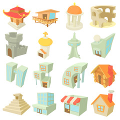 Different architecture icons set, cartoon style