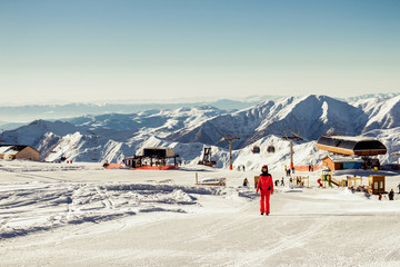 Winter season. View skiing resort with ski lift. Concept active rest and joyful pastime. Healthy hobby. Negative space