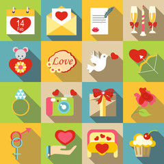 Saint Valentine symbols icons set, flat style