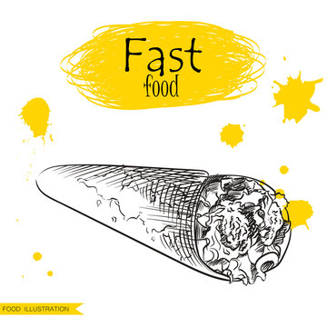 Hand drawn shawarma isolated on white background with yellow blots. Fast food sketch elements vector illustration.