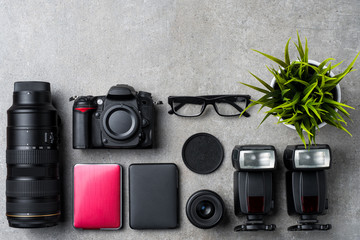 Photography equipment on stone background