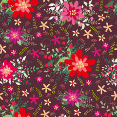 Fototapeta na wymiar Bright colorful seamless floral pattern with red and pink doodle flowers and leaves
