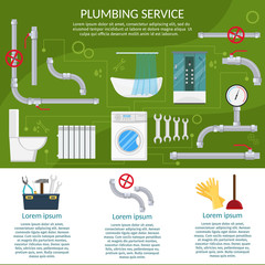 Plumbing Service of repairing Installation and pipe flat labels Tools and Device infographics with isolated vector illustration