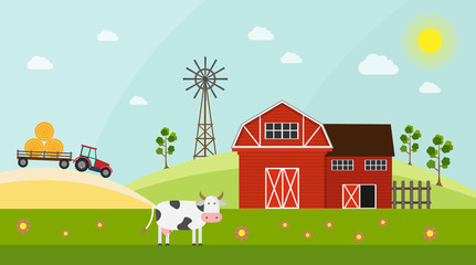 Big set of vector farm elements and animals background.
