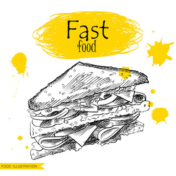 Hand drawn sandwich isolated on white background with yellow blots. Fast food sketch elements vector illustration.