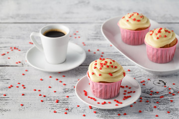 Valentines day sweet cupcakes decorated with hearts