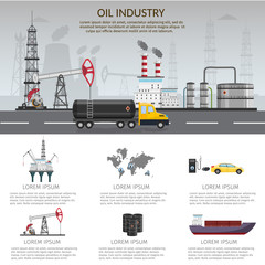 Obraz na płótnie Canvas Infographics Vector Oil rig industry of processing petrol fuel and transportation set of production elements.