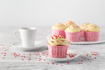Valentines day sweet cupcakes decorated with hearts