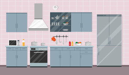 Kitchen interior flat style vector modern Illustration set