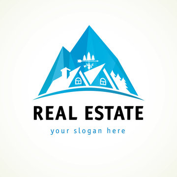 Houses in mountains vector logo. Real-estate business or hotel cottages sign. Property agency, building, insurance, buying, investment, constructing, cleaning. Winter holidays and ski resort symbol.
