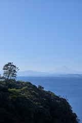 View of Mount Fuji and sea from a cliff in Enoshima, Kanagawa Prefecture, Japan