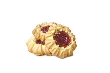 round shortbread cookies with red jam