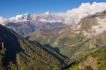 Naklejka premium Himalaya mountain range with pin tree and forest, Everest region
