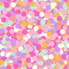 Festive seamless pattern with confectionery sprinkling. Random mess repeated texture of pink, yellow, purple color. Bright and colorful vector background.