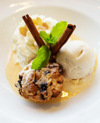 Oatmeal raisin cookies and ice cream on a plate,decoration of dessert.