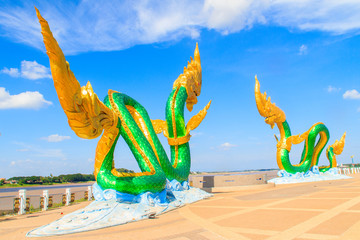 Amazing Naga Sculpture at Mekong Riverside nearby Walking Street in Nongkhai, Thailand. Naga is a very great snake, specifically the king cobra, found in the Indian religions of Hinduism and Buddhism.