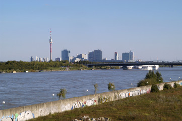 Naklejka premium View to Danube, city, Austria, Vienna, 22. District, Donaucity