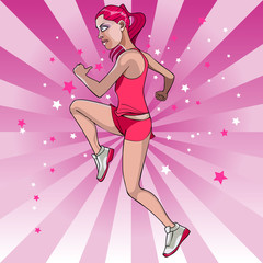 cartoon woman goes in for sports actively in pink