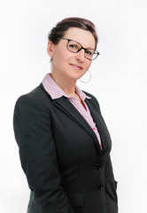 Cute business woman in black jacket on white background