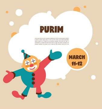 happy Purim, Jewish holiday. vector illustration of a  clown holding baloons