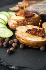 potato wedges, peas pepper and leg of lamb 