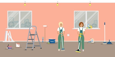 Room repairing at home. Cleaning in the apartment after walls' painting. Cleaning women, standing with a mop and a brush, in the room of peach color. Vector illustration