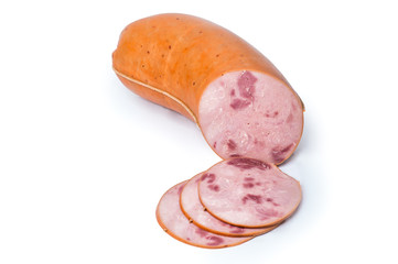 boiled sausage in a natural casing on a white background