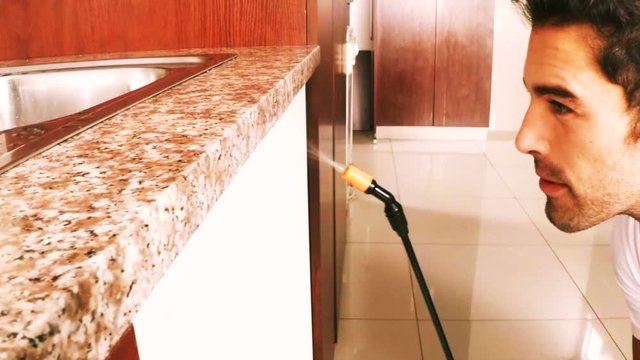 Pest control man spraying pesticide