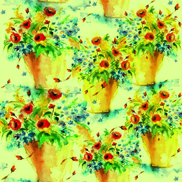 Watercolor Vintage seamless background pattern with beautiful, fashionable design. Flowers, wild grass, poppy, mimosa, lilac in the bouquet.