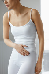Stomach Health. Closeup Of Beautiful Female Body Feeling Pain