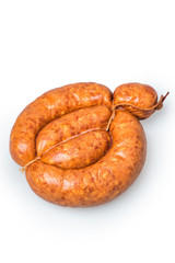 Smoked sausages on white background
