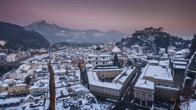 Salzburg day to night time-lapse in winter, Salzburger Land, Austria