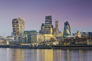 UK, London, skyline with office towers at dusk