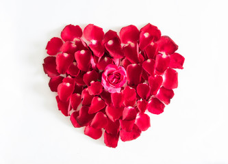 beautiful heart of red rose petals isolated on white