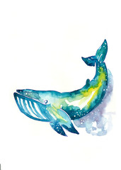 ocean, whale, animal, illustration, watercolor, isolated, space, blue, sea, universe, nature, underwater, water, drawing, aquatic, fish, tail, cosmos, wildlife, star, design, hand, marine, art, graphi