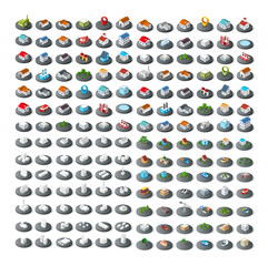Isometric vector 3D icon city buildings for infographic concept set which includes house, offices homes shop stores, supermarkets and industrial elements