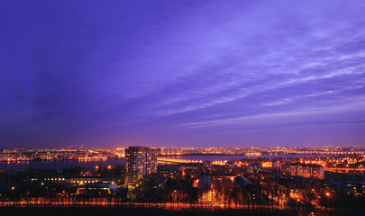 Night cityscape view of Voronezh city from rooftop. District Birchwood 