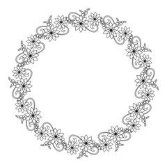 Elegant round frame with contours of flowers.  Vector clip art