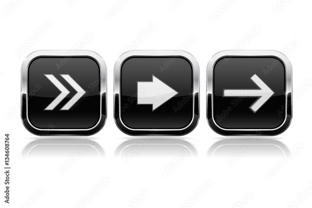 Wall mural black button next set. square shiny 3d icons with chrome frame