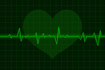 Electrocardiogram. Green waves with heart symbol