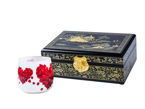 Picture Of The Wooden Jewel-box With Painting On Wood And Golden Lock Near Decoupage Glass Isolated On White Background. Painted Pattern On Closed Box For Bijouterie. Side View.