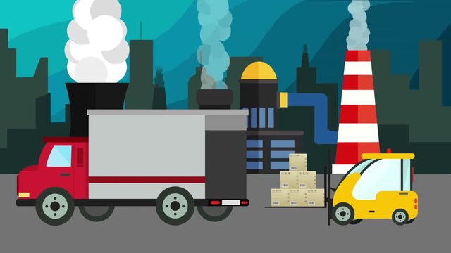 Cartoon animation of a forklift Loader load boxes into a truck over factory background with space for your text or logo seamless loop. delivery service concept full hd and 4k.